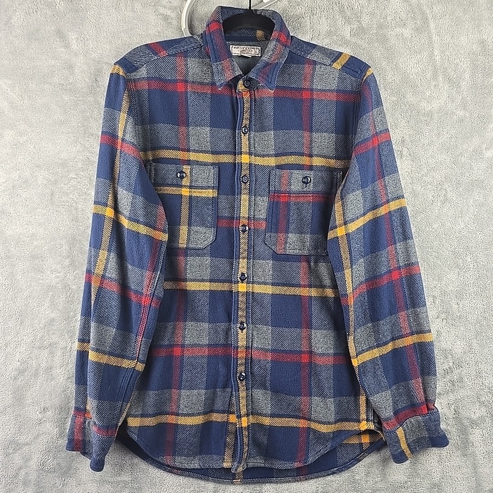 Wallace & Barnes Flannel Workshirt Men Small Blue Plaid Shacket Button Up Cotton